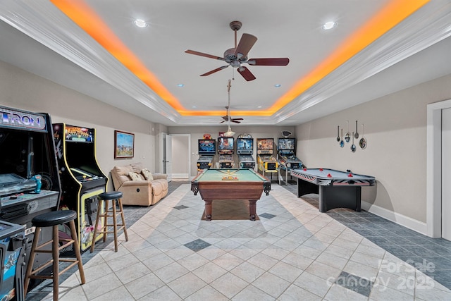 1317 Longleaf Ct, Matthews, NC 28104 - playroom featuring a raised ceiling, ceiling fan, pool table, recessed lighting, and tile patterned flooring