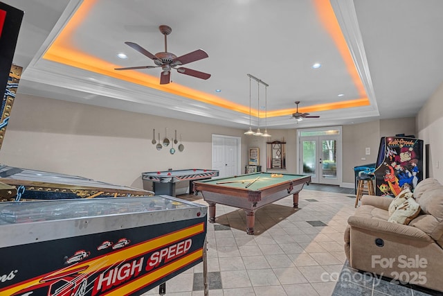 1317 Longleaf Ct, Matthews, NC 28104 - rec room with a raised ceiling, a ceiling fan, french doors, recessed lighting, and billiards table