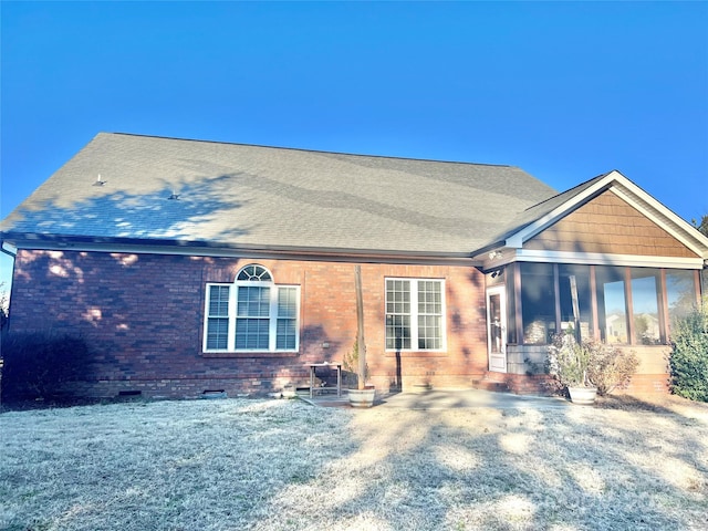 1302 Devonmere Pl, Salisbury, NC 28144 - back of house with a sunroom, crawl space, a shingled roof, and brick siding
