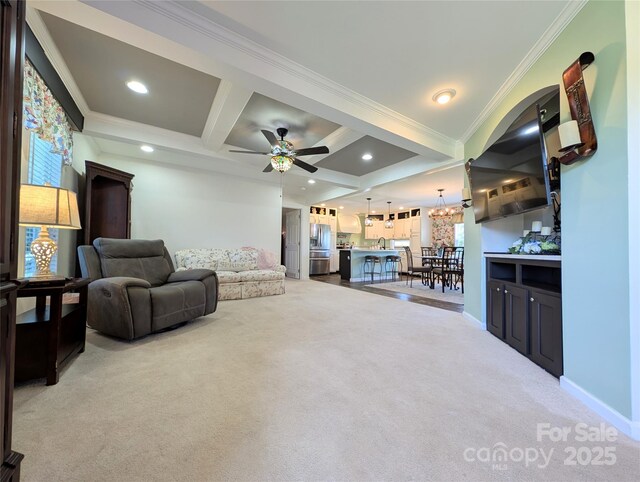 4713 White Store Rd, Wingate, NC 28174 - living room featuring coffered ceiling, carpet, ornamental molding, beamed ceiling, and ceiling fan