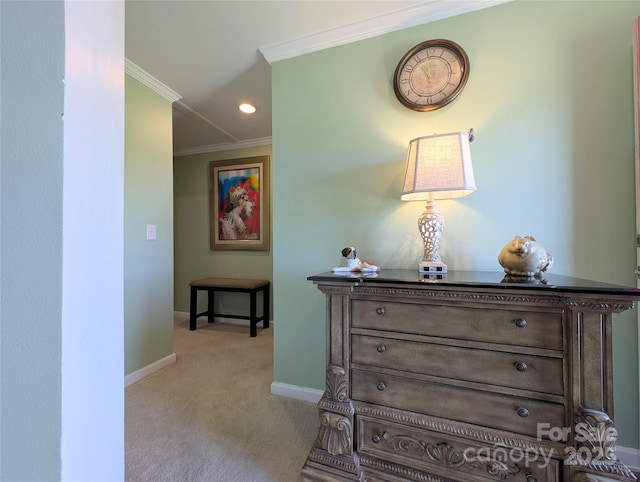 4713 White Store Rd, Wingate, NC 28174 - hallway featuring ornamental molding, light colored carpet, and recessed lighting