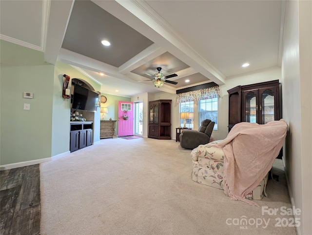 4713 White Store Rd, Wingate, NC 28174 - carpeted living area featuring crown molding, beam ceiling, recessed lighting, coffered ceiling, and a ceiling fan