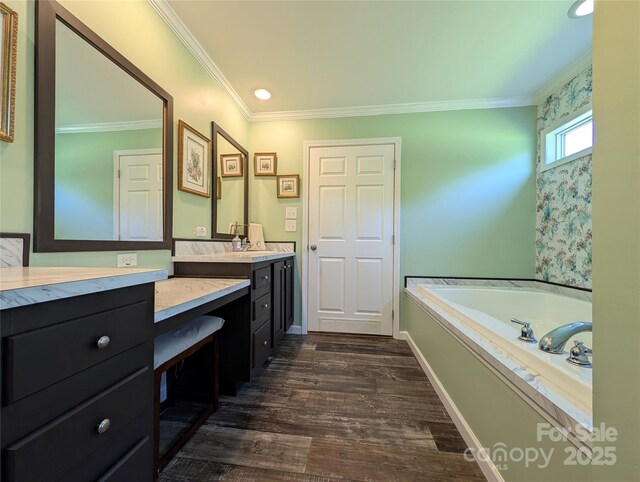 4713 White Store Rd, Wingate, NC 28174 - bathroom with vanity, a garden tub, ornamental molding, and wood finished floors