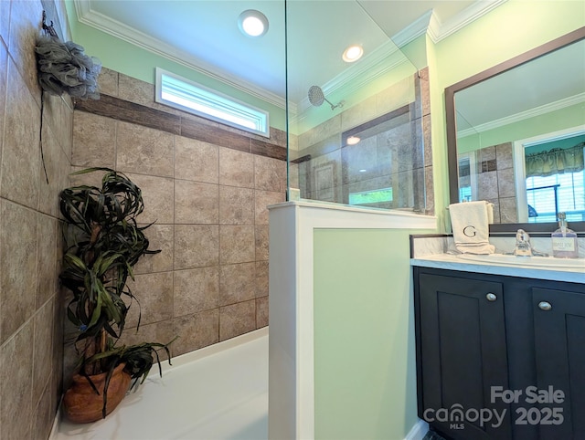 4713 White Store Rd, Wingate, NC 28174 - bathroom featuring a walk in shower, healthy amount of natural light, crown molding, a bathtub, and vanity