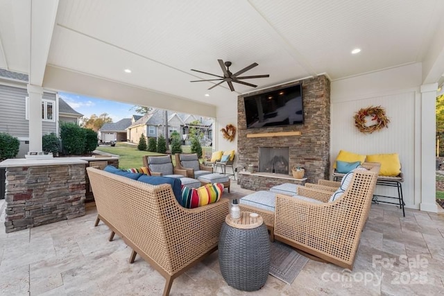 6216 N Rd, York, SC 29745 - view of patio / terrace featuring an outdoor living space with a fireplace and ceiling fan