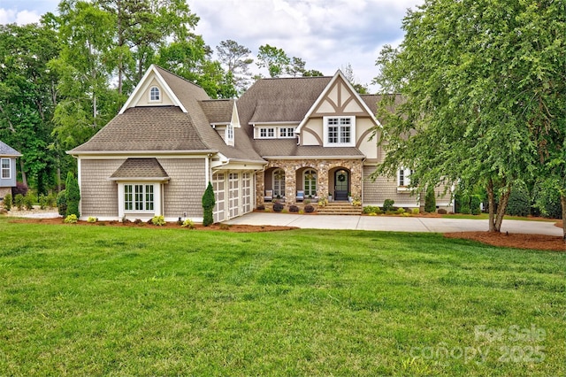 6216 N Rd, York, SC 29745 - view of front of property with a garage, driveway, a front lawn, a shingled roof, and stone siding