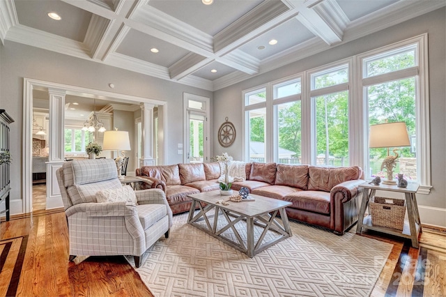 6216 N Rd, York, SC 29745 - living room featuring coffered ceiling, light wood-style flooring, crown molding, decorative columns, and beamed ceiling