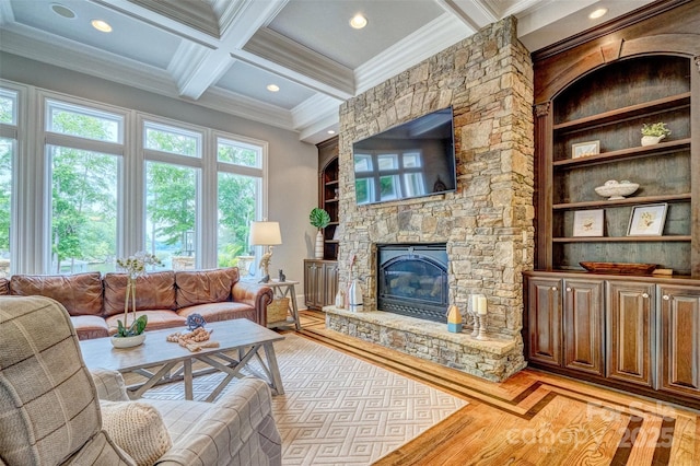 6216 N Rd, York, SC 29745 - living room with crown molding, beamed ceiling, a stone fireplace, recessed lighting, and coffered ceiling
