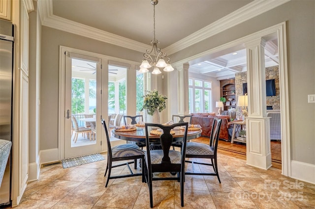6216 N Rd, York, SC 29745 - dining space with ornate columns, crown molding, light tile patterned floors, beam ceiling, and built in shelves