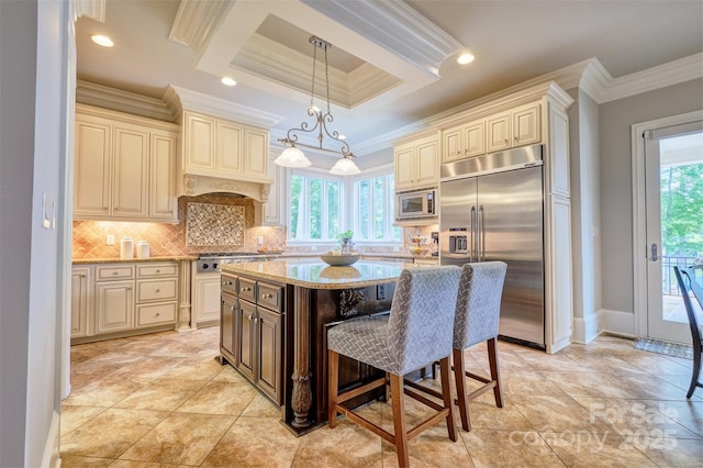 6216 N Rd, York, SC 29745 - kitchen featuring built in appliances, cream cabinetry, ornamental molding, plenty of natural light, and recessed lighting