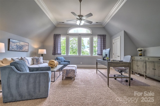 6216 N Rd, York, SC 29745 - carpeted office with vaulted ceiling, ceiling fan, and crown molding