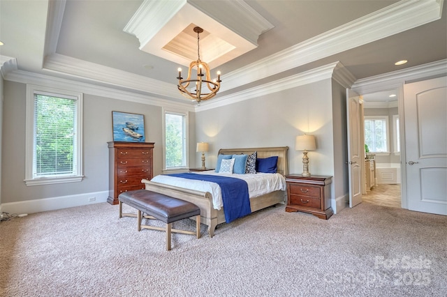 6216 N Rd, York, SC 29745 - bedroom with ornamental molding, light colored carpet, a chandelier, and a raised ceiling