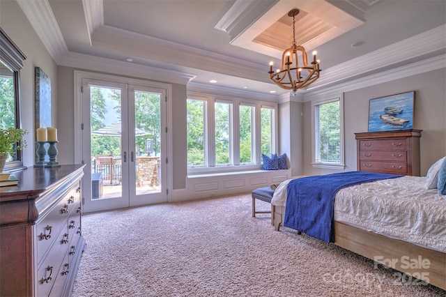 6216 N Rd, York, SC 29745 - bedroom featuring a tray ceiling, carpet flooring, access to exterior, a chandelier, and french doors