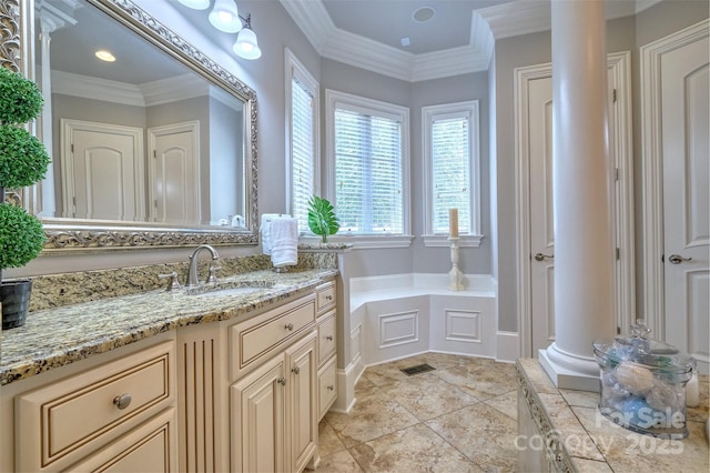 6216 N Rd, York, SC 29745 - full bathroom with vanity, a bath, crown molding, and decorative columns