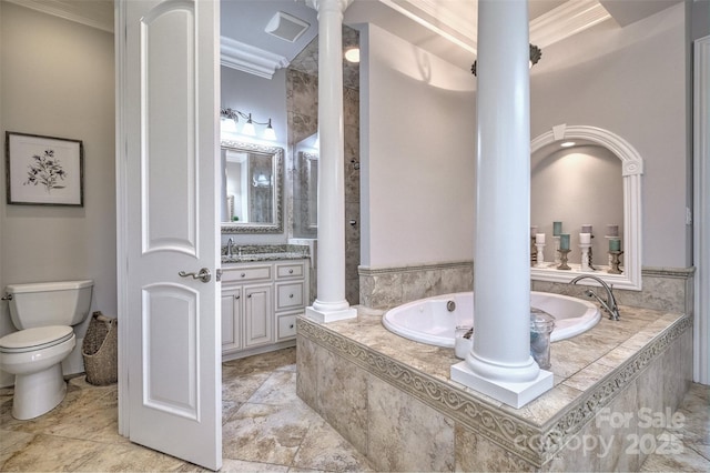 6216 N Rd, York, SC 29745 - bathroom featuring decorative columns, crown molding, vanity, and a bath