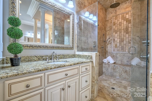 6216 N Rd, York, SC 29745 - full bath featuring crown molding, a stall shower, and vanity