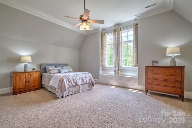 6216 N Rd, York, SC 29745 - bedroom with lofted ceiling, ornamental molding, light carpet, and a ceiling fan