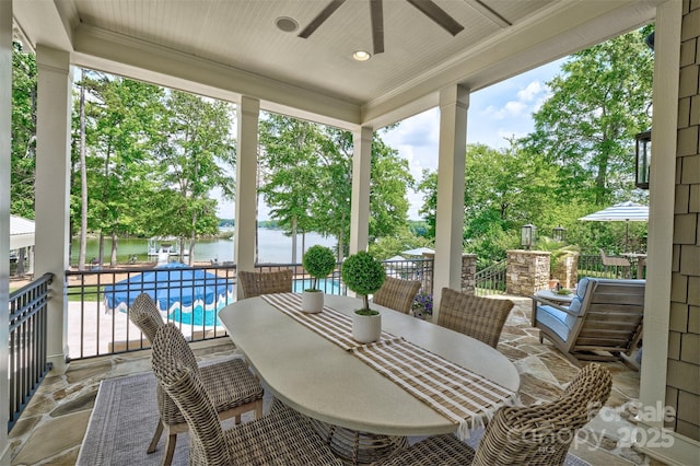 6216 N Rd, York, SC 29745 - view of patio / terrace with a water view, ceiling fan, view of wooded area, and outdoor dining area