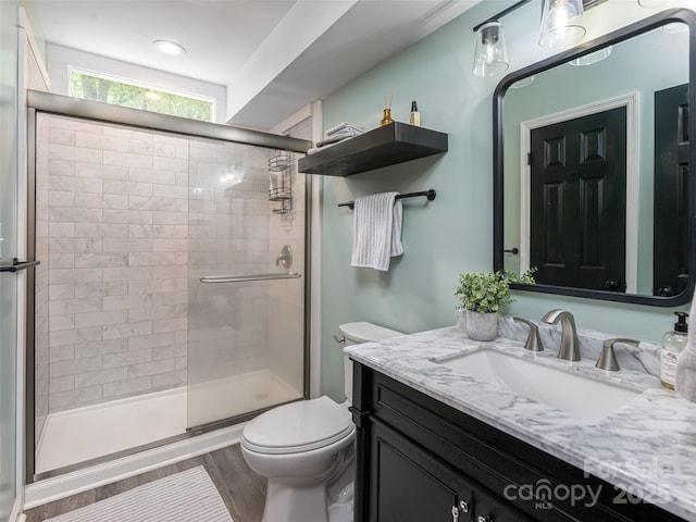 107 N Garden Ct, Fletcher, NC 28732 - bathroom with a shower stall, vanity, and wood finished floors