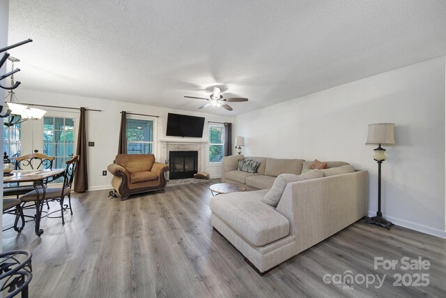 1003 Cranberry Cir, Fort Mill, SC 29715 - living area featuring ceiling fan, wood finished floors, a textured ceiling, healthy amount of natural light, and a chandelier