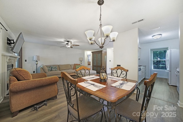 1003 Cranberry Cir, Fort Mill, SC 29715 - dining room featuring wood finished floors, a chandelier, ceiling fan, and a fireplace