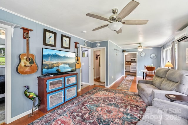 19 Lockman Rd, Maggie Valley, NC 28751 - living area with wood finished floors, crown molding, a ceiling fan, and a wall unit AC