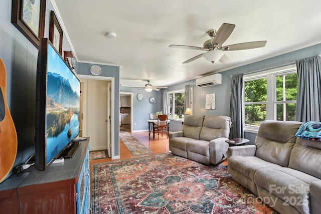 19 Lockman Rd, Maggie Valley, NC 28751 - living area with a wall unit AC, ceiling fan, wood finished floors, and crown molding