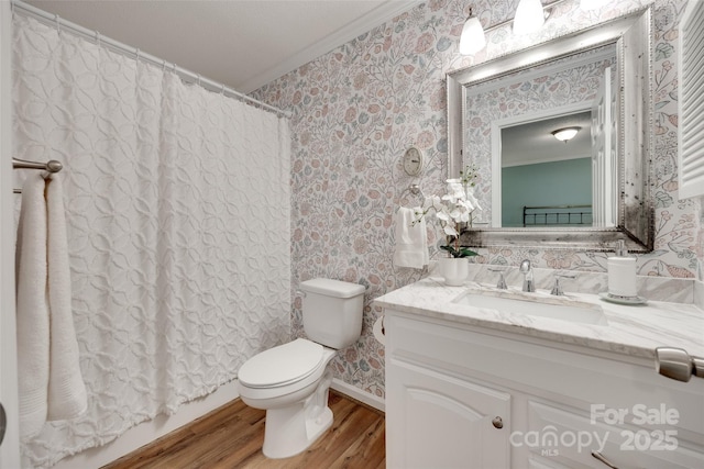 353 Tall Oaks Trl, Fort Mill, SC 29715 - full bathroom with wallpapered walls, wood finished floors, ornamental molding, vanity, and a shower with curtain