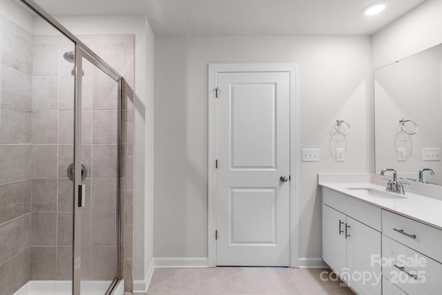 1022 Jeffery Dean Ct, Albemarle, NC 28001 - full bath with vanity, a stall shower, tile patterned flooring, and recessed lighting