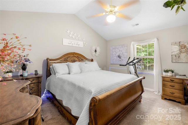 2490 Hawk Ridge Dr, Gastonia, NC 28056 - bedroom featuring lofted ceiling, light colored carpet, and a ceiling fan