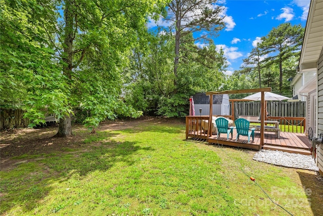 2490 Hawk Ridge Dr, Gastonia, NC 28056 - fenced backyard with a wooden deck and a storage shed