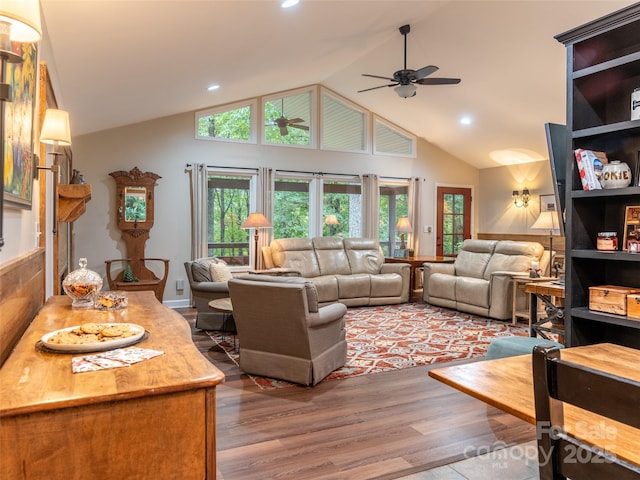 21 Fern Haven Ln, Fairview, NC 28730 - living area featuring a ceiling fan, wood finished floors, recessed lighting, and high vaulted ceiling