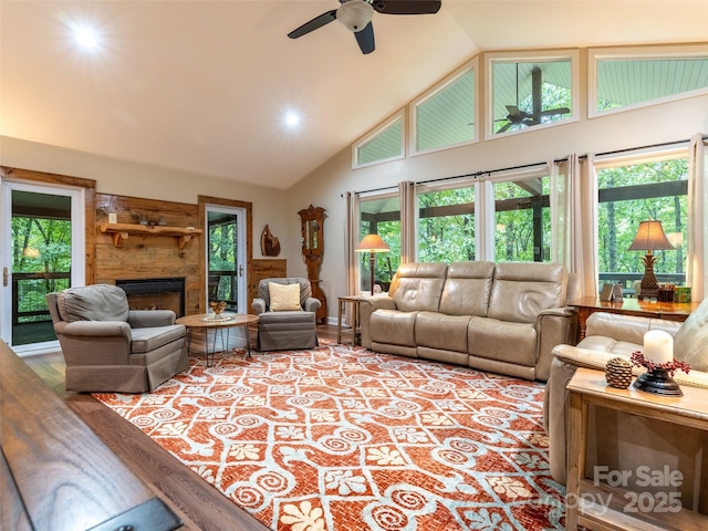 21 Fern Haven Ln, Fairview, NC 28730 - living room featuring high vaulted ceiling, healthy amount of natural light, ceiling fan, a fireplace, and recessed lighting