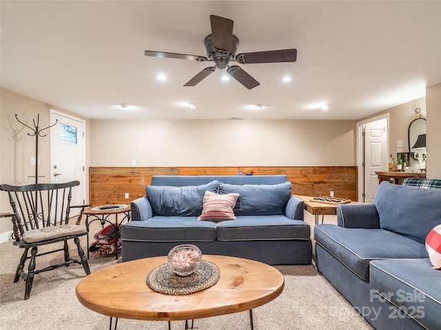 21 Fern Haven Ln, Fairview, NC 28730 - living area featuring wood walls, light carpet, ceiling fan, wainscoting, and recessed lighting