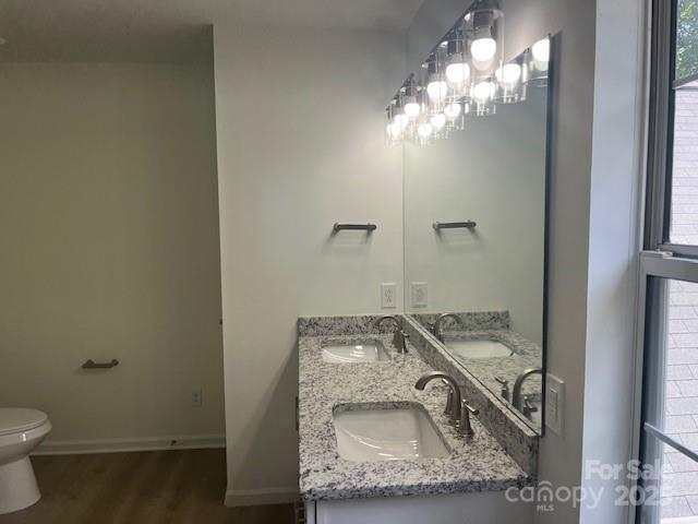 11021 Scrimshaw Ln, Charlotte, NC 28215 - bathroom with wood finished floors, double vanity, and plenty of natural light