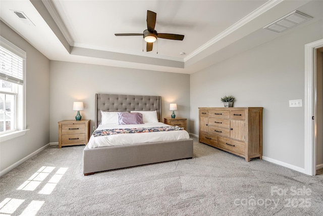 3041 Winged Teal Ct, Belmont, NC 28012 - carpeted bedroom with a raised ceiling, crown molding, and a ceiling fan