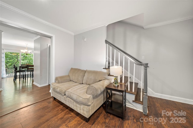 3500 Colony Rd Unit B, Charlotte, NC 28211 - living area with a chandelier, stairway, wood finished floors, and crown molding
