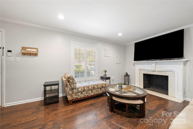 3500 Colony Rd Unit B, Charlotte, NC 28211 - living area featuring ornamental molding, a fireplace, recessed lighting, and wood finished floors