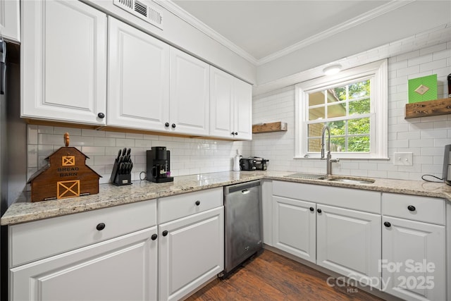 3500 Colony Rd Unit B, Charlotte, NC 28211 - kitchen featuring dishwasher, crown molding, backsplash, white cabinets, and dark wood finished floors