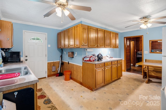 2428 Hamburg Rd, Mars Hill, NC 28754 - kitchen featuring a ceiling fan, brown cabinets, light countertops, a wainscoted wall, and crown molding