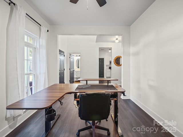 216 Devon Forest Dr, Mooresville, NC 28115 - office with ceiling fan and dark wood-type flooring