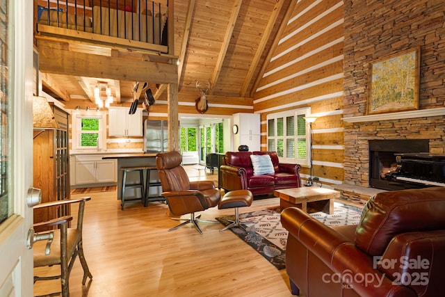 1980 Old Murray Rd, Mars Hill, NC 28754 - living area featuring a wood ceiling with exposed beams, light wood-style flooring, a stone fireplace, and high vaulted ceiling