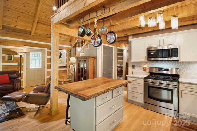 1980 Old Murray Rd, Mars Hill, NC 28754 - kitchen featuring stainless steel appliances, open floor plan, light wood-type flooring, butcher block counters, and decorative backsplash