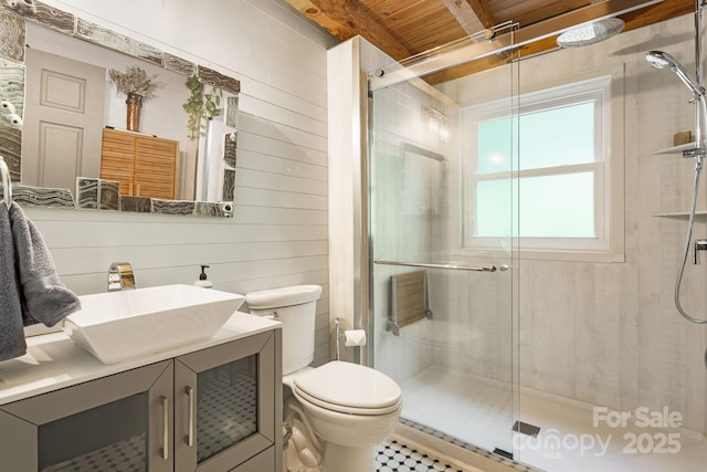 1980 Old Murray Rd, Mars Hill, NC 28754 - full bath with vanity, a shower stall, wood walls, and a wooden ceiling with exposed beams