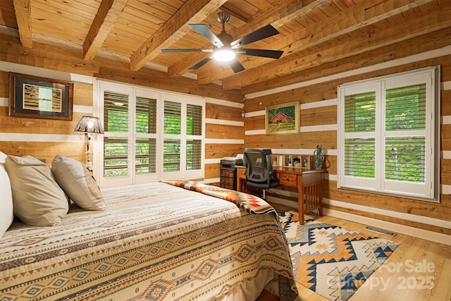 1980 Old Murray Rd, Mars Hill, NC 28754 - bedroom featuring wood walls, hardwood / wood-style floors, a wood ceiling with exposed beams, and an office area