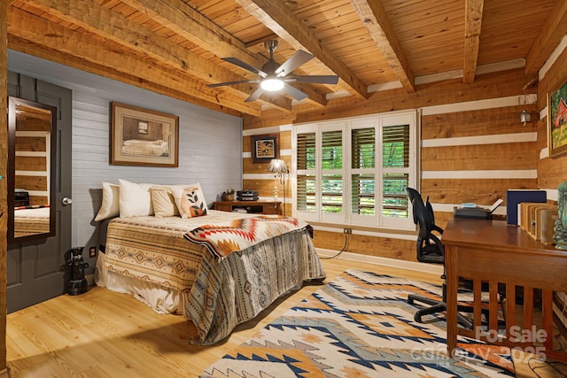 1980 Old Murray Rd, Mars Hill, NC 28754 - bedroom featuring wood finished floors, wooden walls, an office area, and a wood ceiling with exposed beams