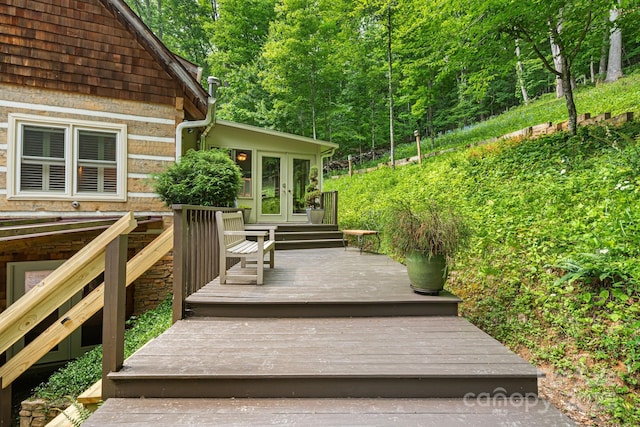 1980 Old Murray Rd, Mars Hill, NC 28754 - wooden terrace with french doors and a wooded view