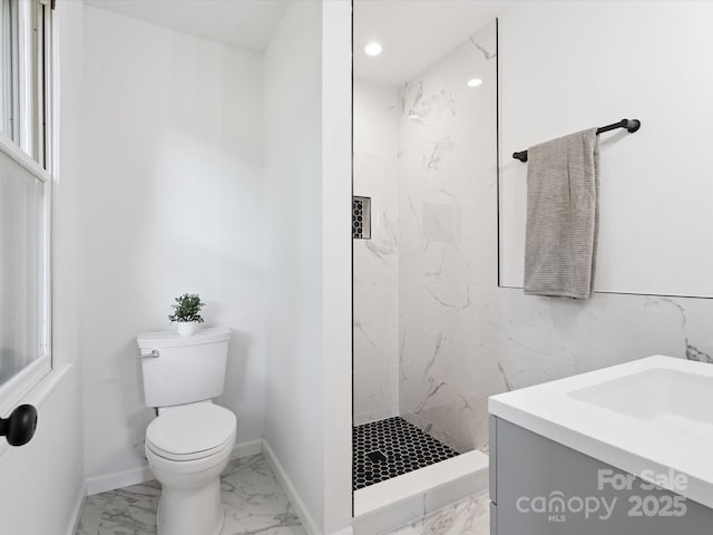 10728 Forest Dr, Matthews, NC 28105 - full bathroom with marble look tiles, a marble finish shower, and vanity