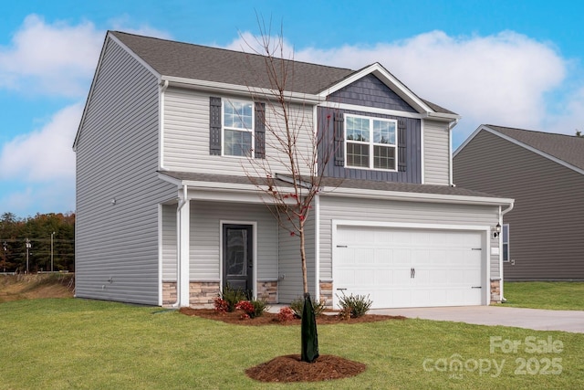 1059 Russell Dr, Winston Salem, NC 27127 - craftsman house featuring concrete driveway, an attached garage, a front lawn, and stone siding
