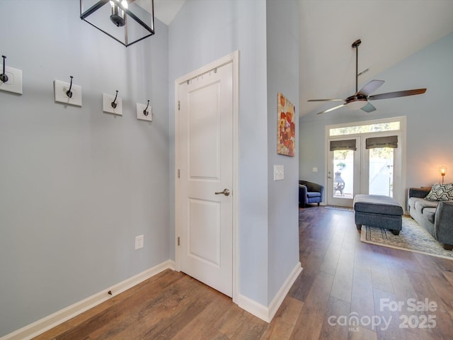 120 Prairie View Ct, Belmont, NC 28012 - hallway with high vaulted ceiling, wood-type flooring, and french doors